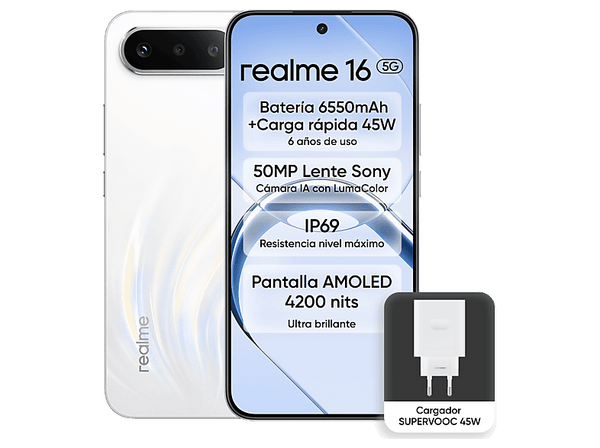 Móvil realme 16 Blanco 256GB 8GB RAM 6.57 FHD FOLED D6400 Turbo 6550mAh