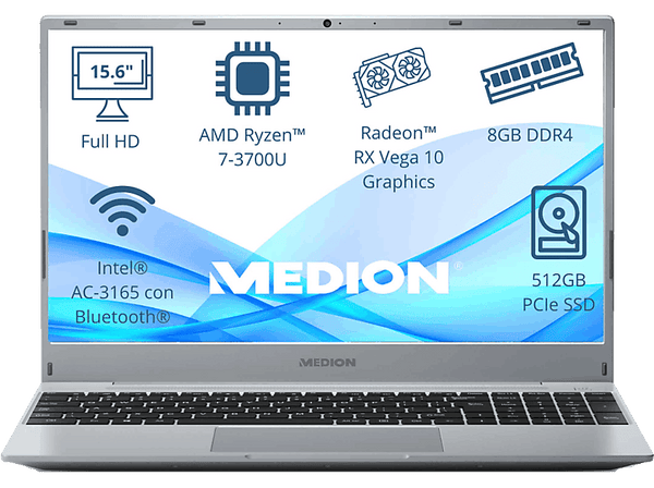 Portátil Medion Akoya MD62430  15.6 Full-HD  AMD Ryzen™ 7 3700U  8GB RAM  512 GB SSD  Radeon™ RX Vega 10  Sin sistema operativo