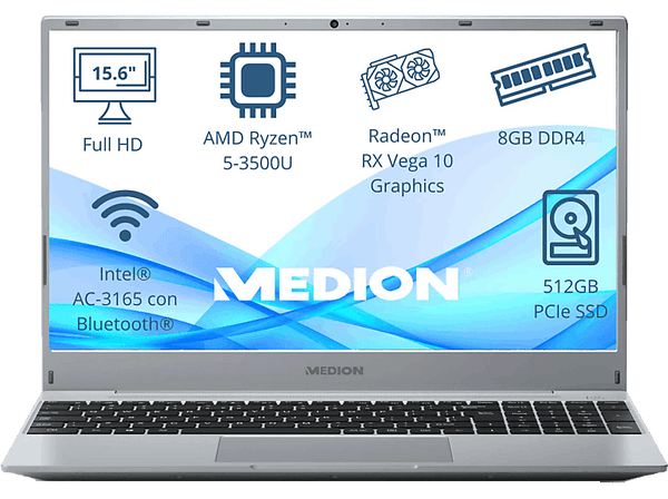 Portátil Medion Akoya MD62428  15.6  Full HD  AMD Ryzen™ 5 3500U  8GB RAM  512GB SSD  Radeon™ RX Vega 10  Sin sistema operativo