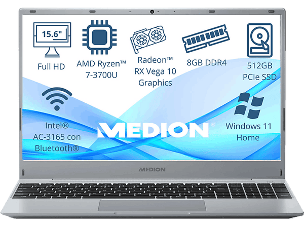 Portátil Medion Akoya MD62429  15.6 Full-HD  AMD Ryzen™ 7 3700U  8GB RAM  512 GB SSD  Radeon™ RX Vega 10  Windows 11 Home