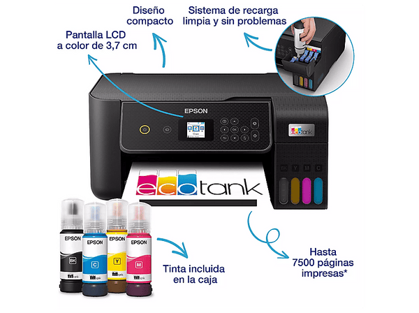 Impresora multifunción tinta Epson EcoTank ET-2870 Impresión Negro y Color Pantalla LCD 10 ppm Negro