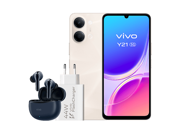 Móvil vivo Y21 5G Champagne Gold 256GB 4GB RAM 6.74 1200 nit MediaTek Dimensity 6300 6500mAh + Auriculares TWS 3e + Cargador FlashCharger 44W