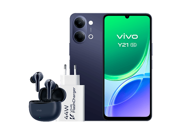 Móvil vivo Y21 5G Voyage Black 256GB 4GB RAM 6.74 1200 nits MediaTek Dimensity 6300 6500mAh + Auriculares TWS 3e + Cargador FlashCharger 44W