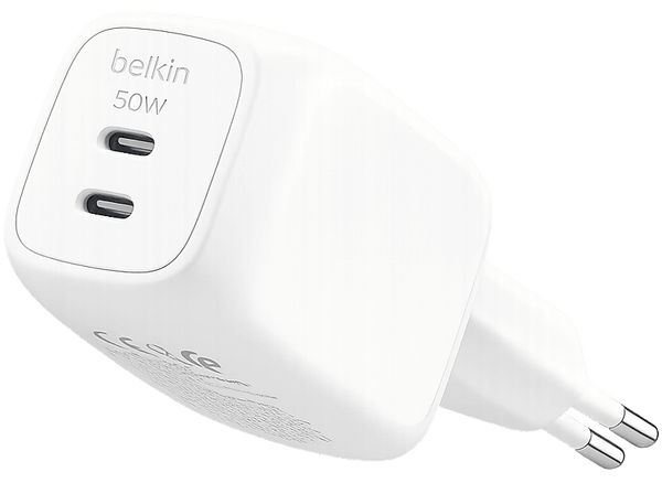 Cargador de pared Belkin WCH019dqWH 50W Compatibles dispositivos con carga USB-C 2 puertos tipo USB-C Blanco